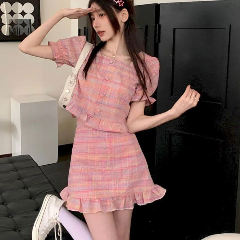 Two Piece Sets Women Outfits Preppy Style  Dress Sets Bubble Short Sleeve Blazer and A-line Skirts Korean Fashion Skirt Sets