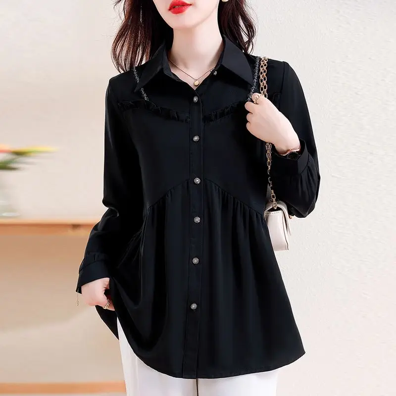 2024 Spring Summer Women's New Patchwork Button Folds Fashion Solid Color Loose Minimalist Casual Long Sleeve Blouses Shirts