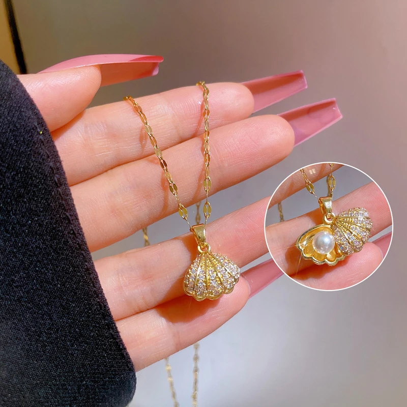 New Korean Openable Shell Pearl Necklace for Women Micro Inlaid Rhinestone Copper Pendant Clavicle Chain Wedding Party Jewelry