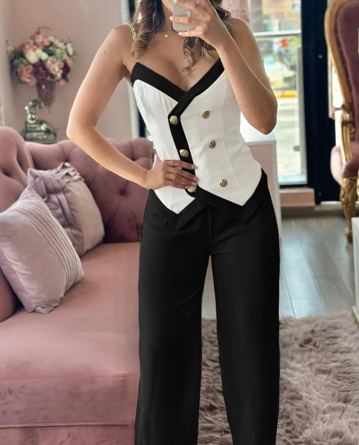 Women Two-Piece Set 2024 Spring Summer V-Neck Double Breasted Chain Strap Sleeveless Top & Straight Leg Pants Set Casual Style