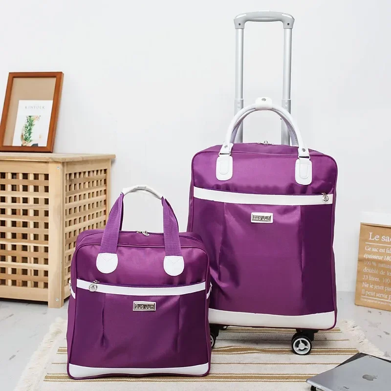 New Fashionable Purple Canvas Travel Trolley Suitcase with 360° Rotating Wheels, Business Carry-On Luggage Bag, Hand Washable