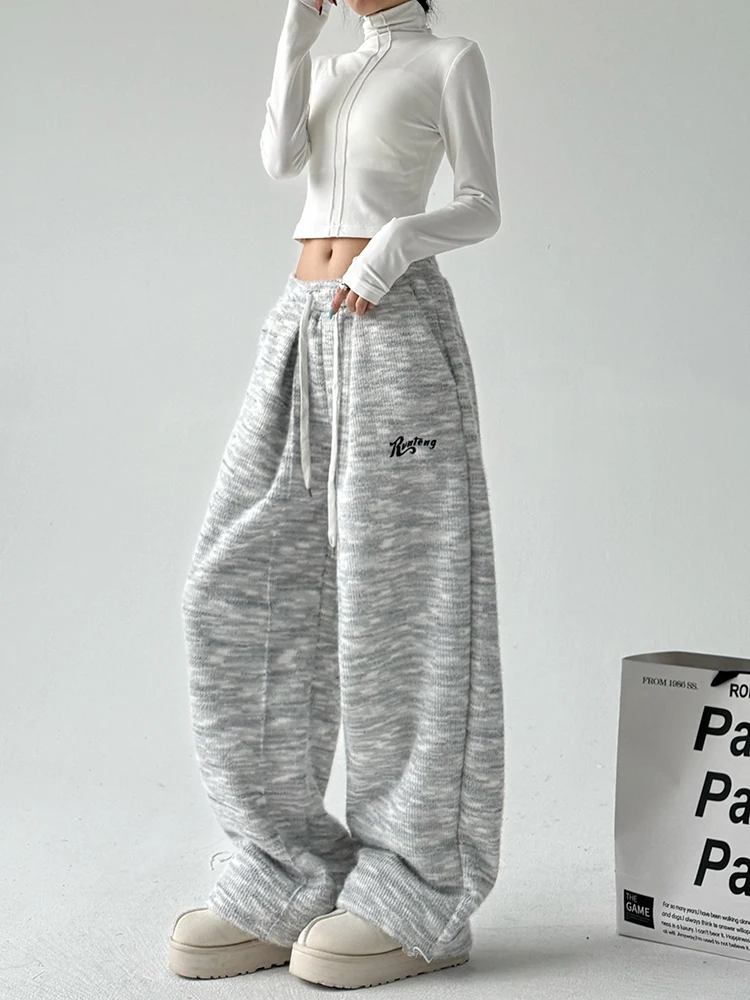 الرجعية الأمريكية المطرزة Fce اصطف مرونة الخصر Sweatpants المرأة شتاء جديد فضفاض الطابق طول السراويل العصرية