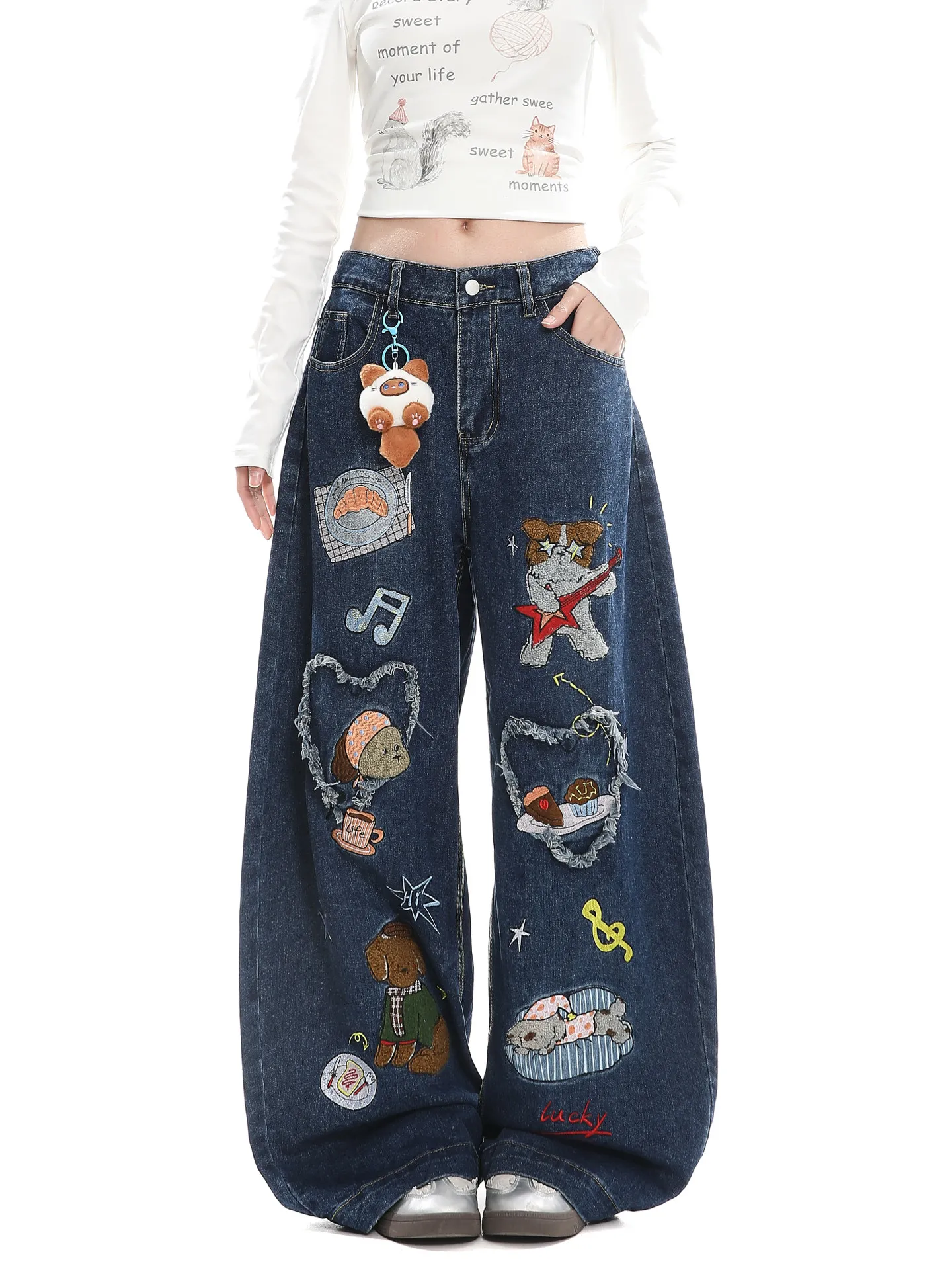 

American Retro Cartoon Denim Jeans Women's Loose Wide Leg Pants Street Casual Sle Spring Autumn New Design Wear Resistant
