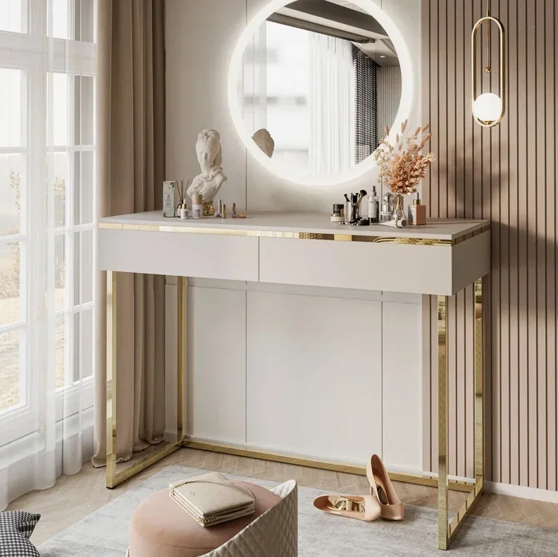 

z Bedroom Furniture Stainless Gold Style Glossy Vanity Desk Table Makeup Dresser Design Metal Feet Bedroom Dressing Table