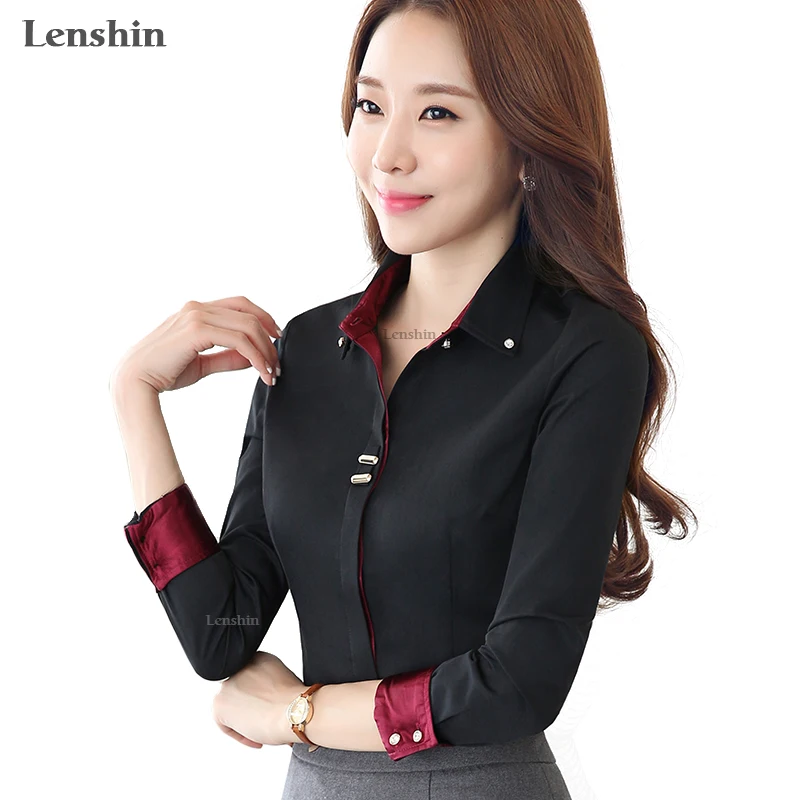 Lenshin Turn-down collar Autumn wear long sleeve women black  blouse Shirt female casual style elegant fashion slim tops