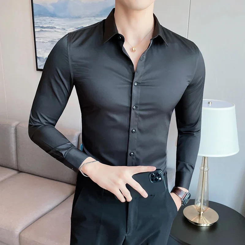 Shirts for Men Clothing Korean Luxury Long Sleeve Men's Social Shirts Simple All Match Casual Slim Fit Formal Work Wear Big Size