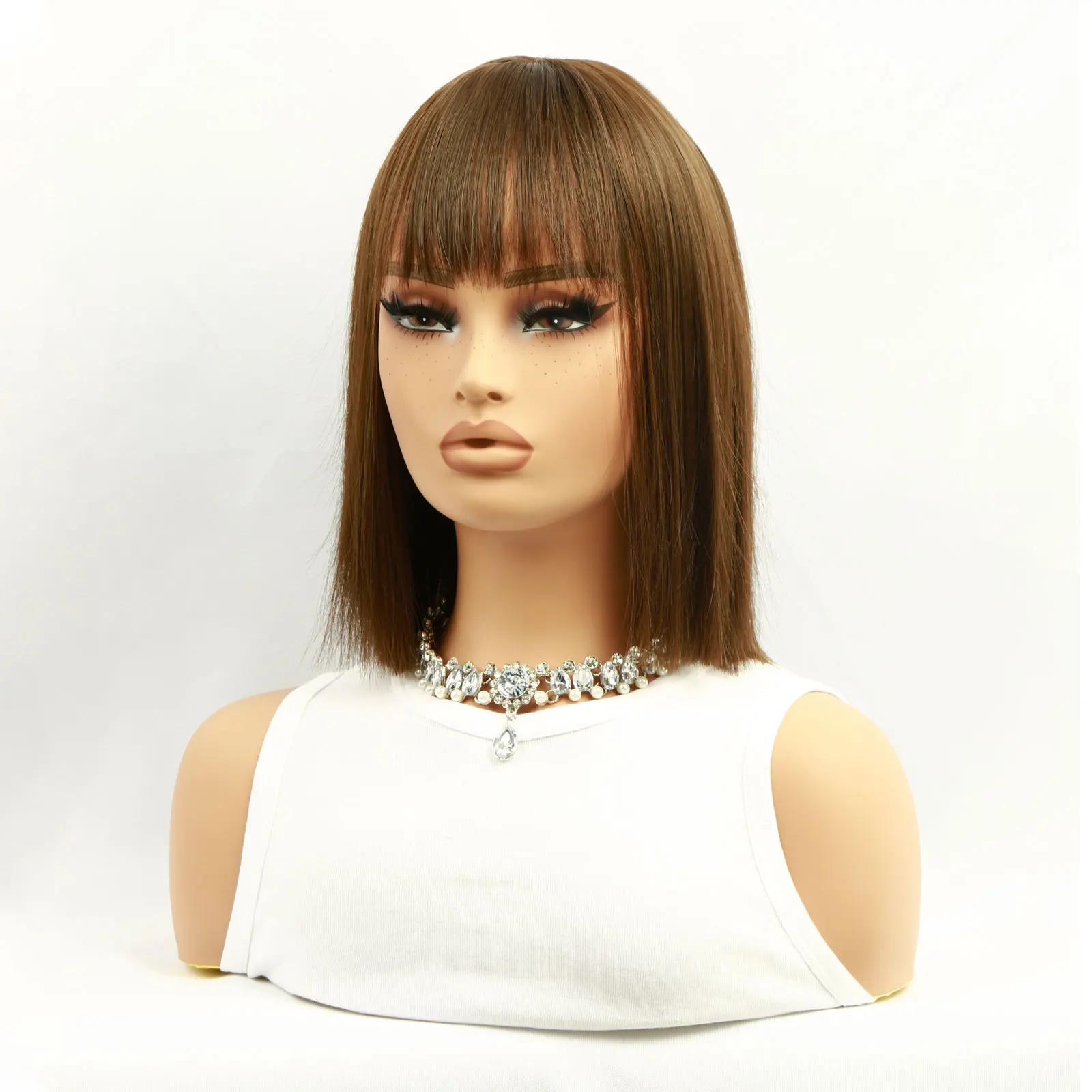 Honey Brown Short Bob Wig With Bangs Synthetic Heat Resistant Wig 12 Inch Short Straight Bangs Wig Natural Hair Looking