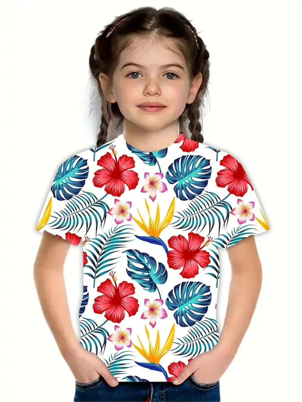 Flower Casual 3d Print Fashion Funny Girls' T-Shirts Summer Short Sleeved Tops Tee Casual T-Shirts Girls' Clothing