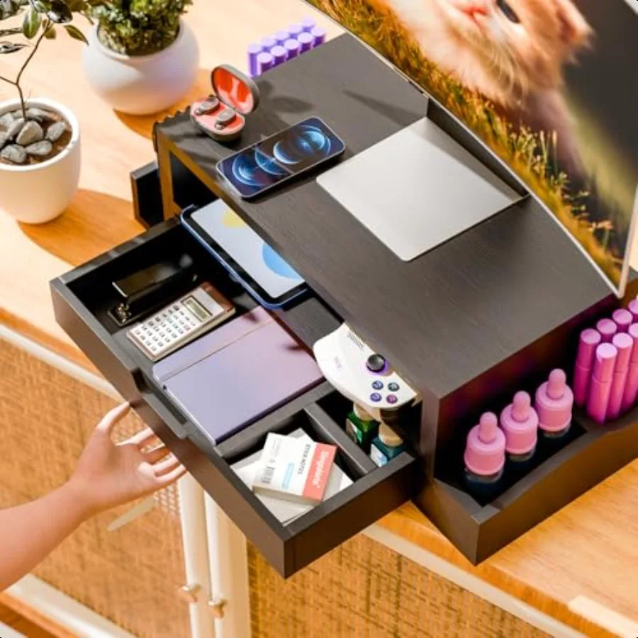 حامل شاشة بسيط رائج ومنظم مكتب خشبي للكمبيوتر مع درج وحامل أقلام للكمبيوتر المحمول باللون الأسود