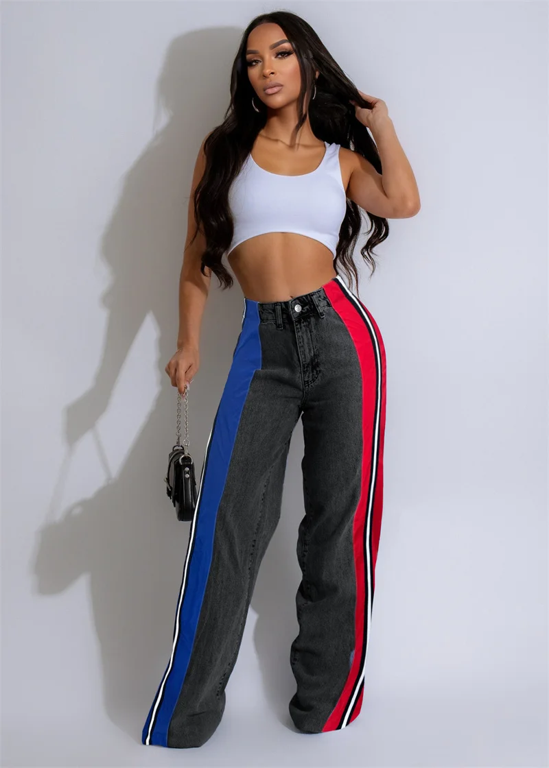 Nieuwe 2025 Vrouwen Hoge Taille Casual Streep Lange Denim Broek Mode Patchwork Losse Wijde Pijpen Broek Streetwear Party Jeans Broek