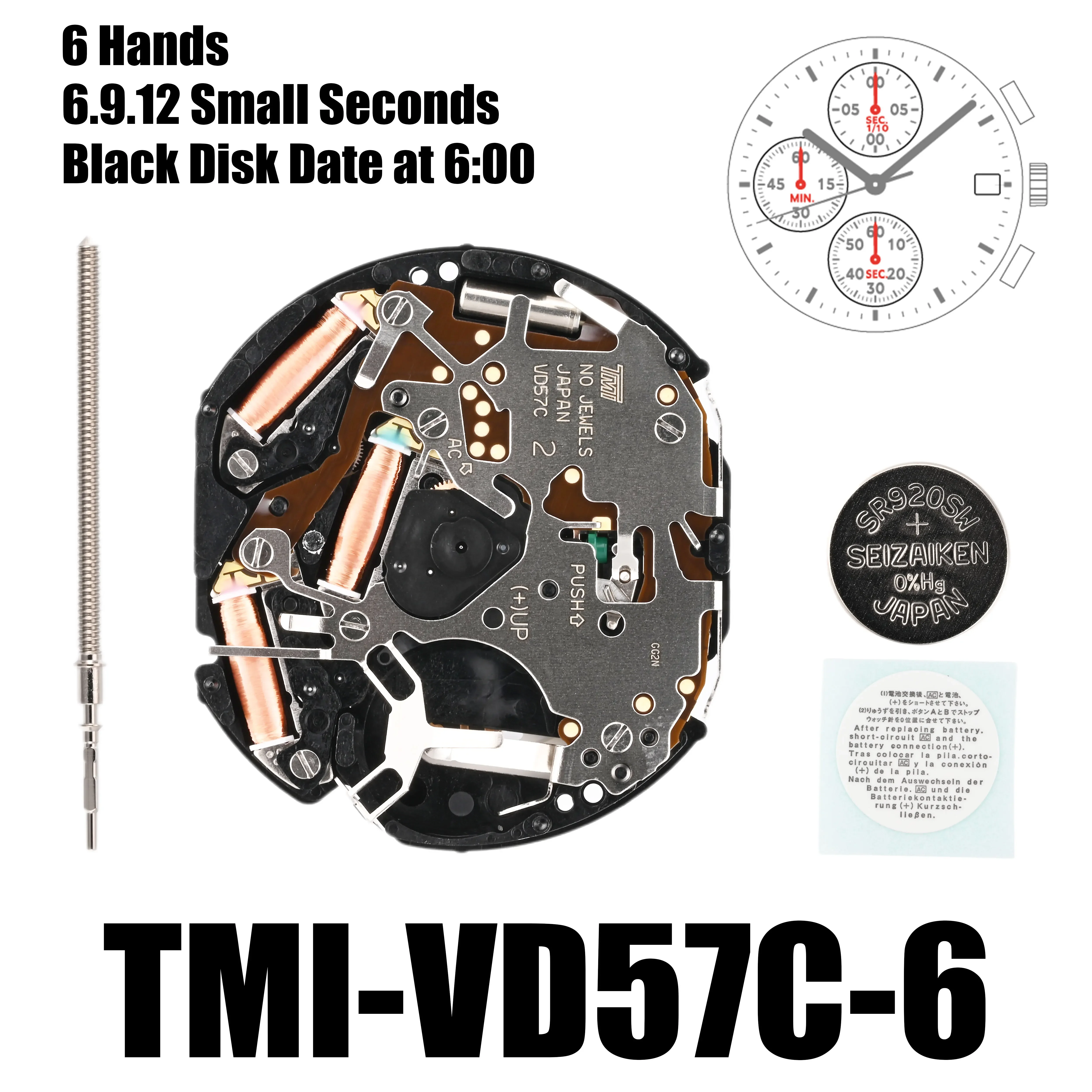 Movimento VD57 originale Movimento giapponese TMI VD57C Disco nero 6 lancette 6,9,12 Piccoli secondi Data alle 6:00