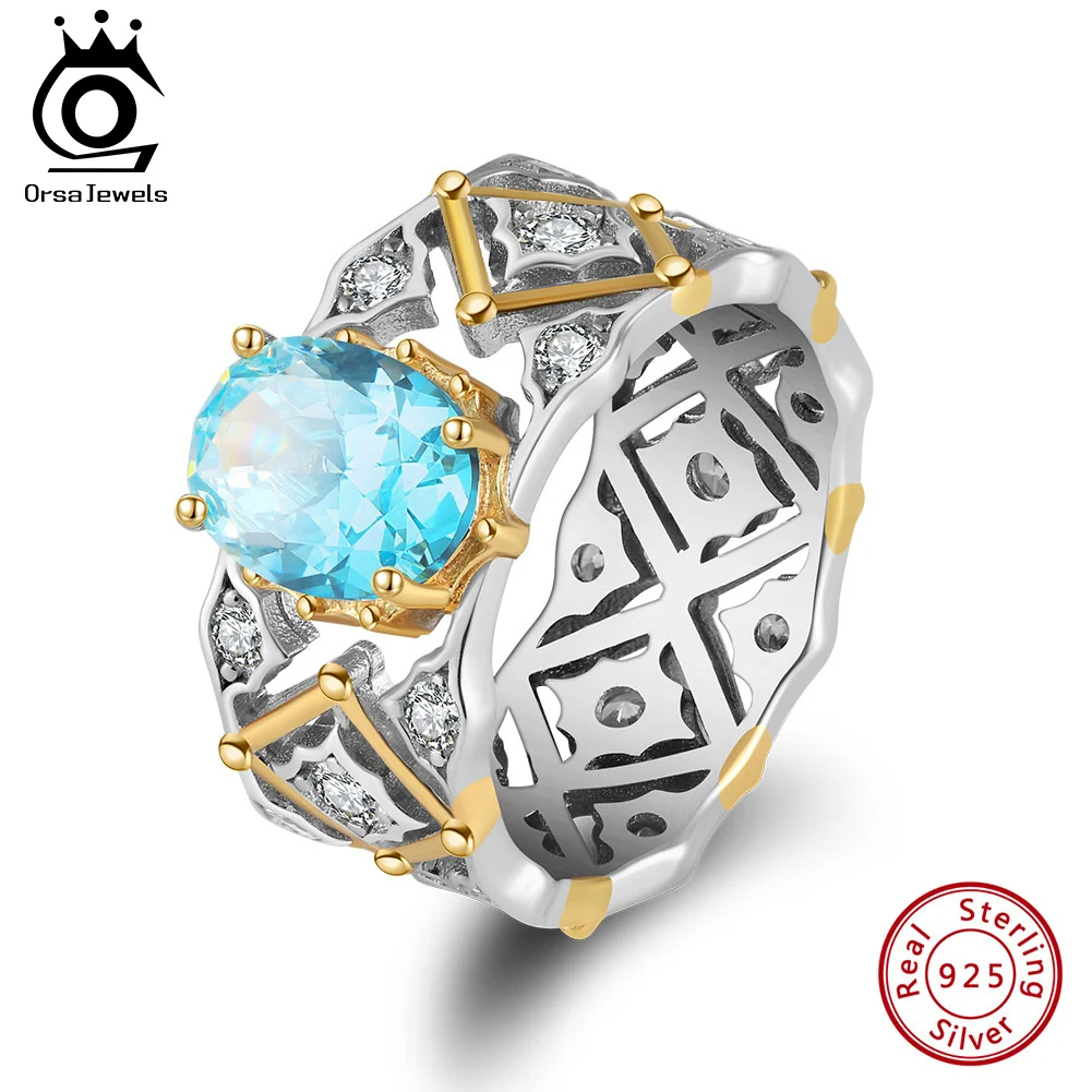 

ORSA JEWELS 925 Sterling Silver Fashion Aquamarine Gemstone Ring For Women Zircon Wedding Party Jewelry Gifts Wholesale LZR34