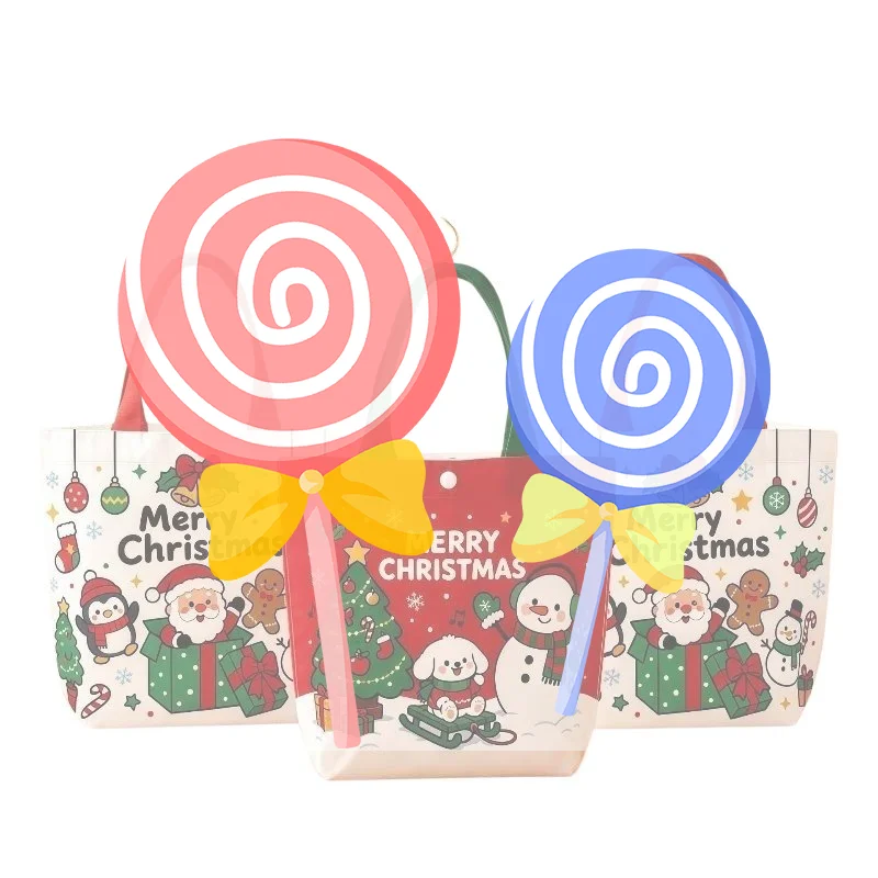 Xmas Reusable Handheld Cloth Gift Bag Cartoon Santa Tree Print Portable Tote for Christmas Party Home Decoration Supplies