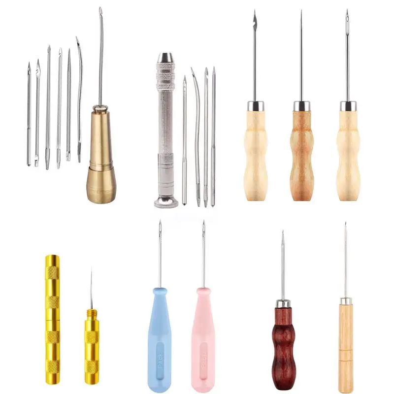 Leather Sewing Awl Set Metal/Wood/Plastic Multifunctional Shoes Repair Tool Kit Punch Stitching Needles DIY Candle Mold Punching