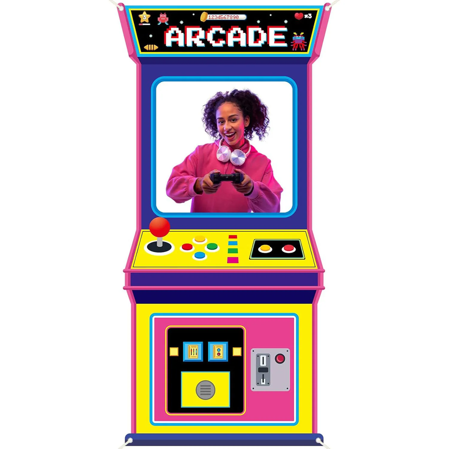Stoff-Hintergrund für Arcade-Spiel-Fotos, Retro-Videospiele-Dekoration, Zurück in die 80er 90er, Neon-Party, Fotokabinen-Requisiten, Hängende Banner