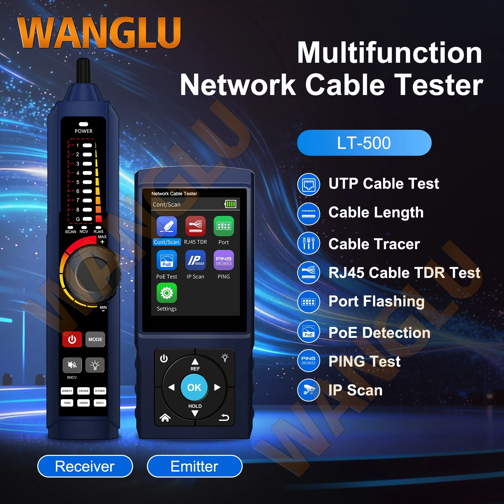 LT-500 LAN Cable Tester RJ45 Network Wire Tracer TDR Length Test PoE Tester Port Flashing IP Scan PING Ethernet