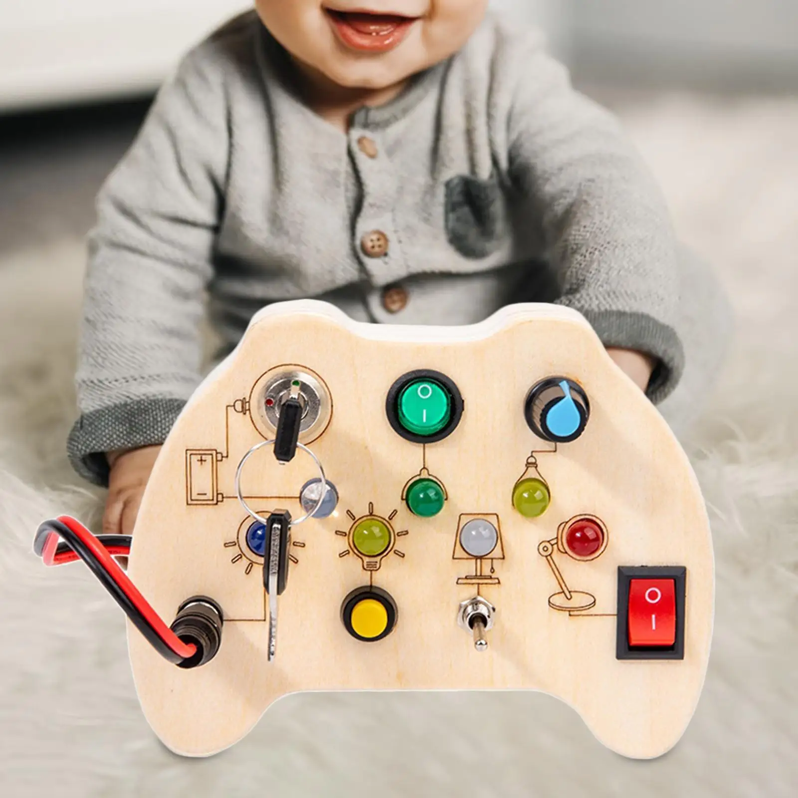 

Wooden Busy Board Basic Skill Wooden Handicraft Toy Teaching Aid Early Educational LED Switch Board Activities for Plane Car Toy