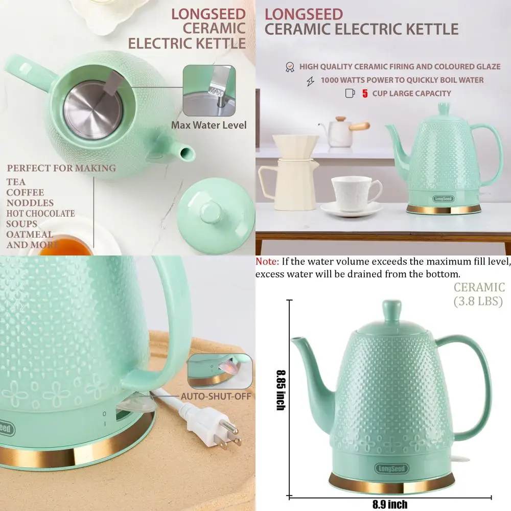 

1.2L Ceramic Electric Kettle, 1000W Quick Boil for Coffee & Tea, Auto Shut-Off, Dry Boil Protection, Retro Spout BPA-Free