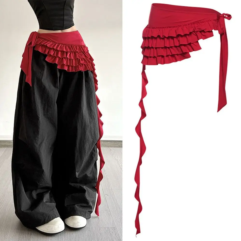 

Embroidered Flower Lace Mini Skirt Irregular Y2K Streetwear Ruched Skirts High Waist Harajuku Lace Up Ruffles Skirt