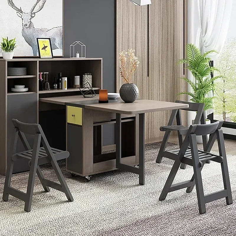 Folding Dining Table with Storage Rack and Drawers, Movable Kitchen Table Extendable Versatile