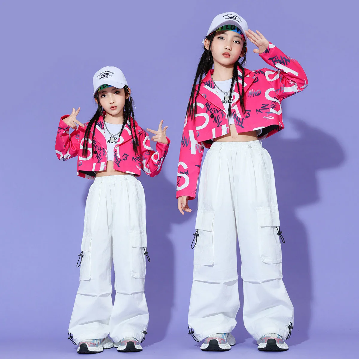 Kid Kpop Hip Hop Clothing Pink Letters Crop Jacket Top White Street Parachute Cargo Pants for Girl Jazz Dance Costumes Clothes