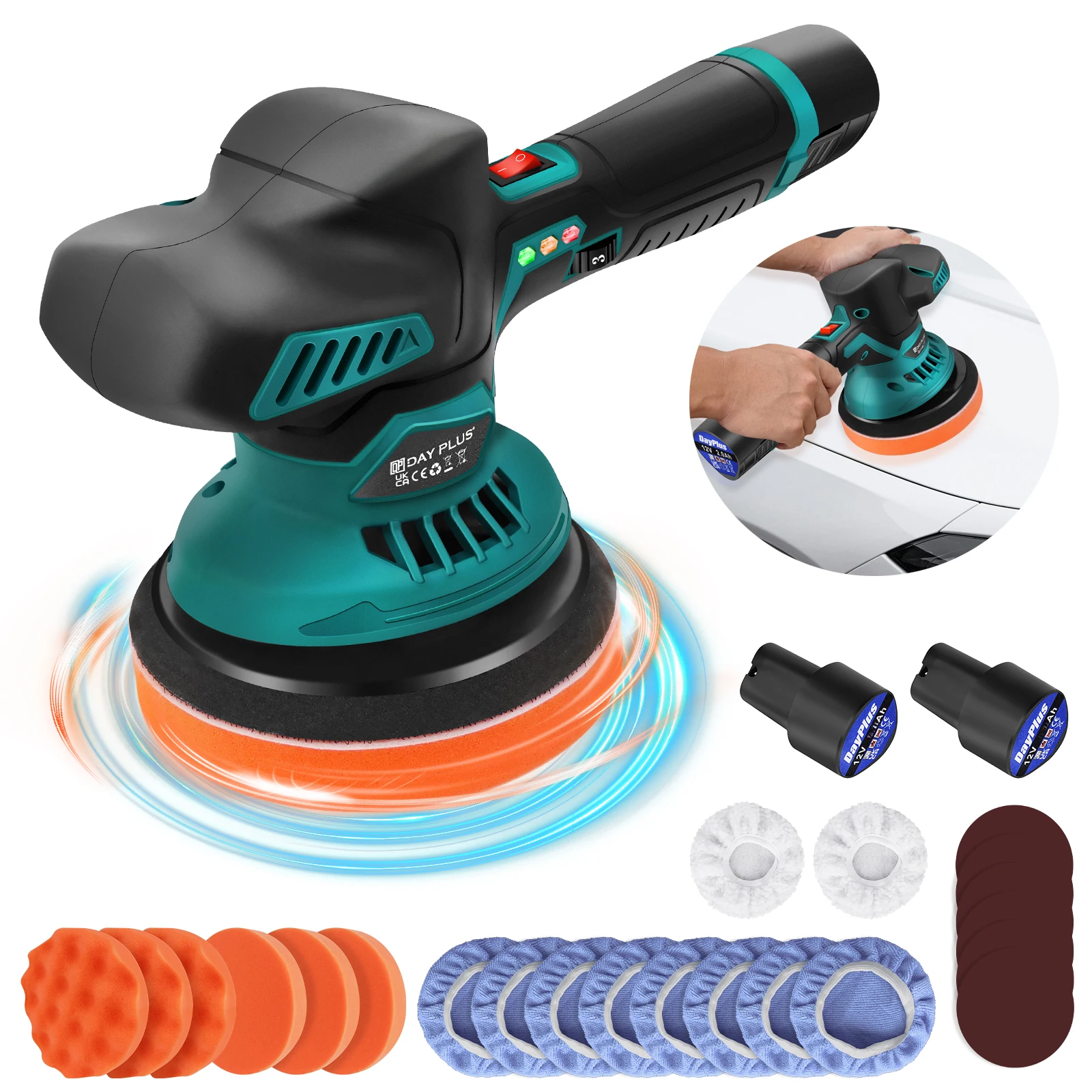 Akku-Auto puffer polierer, elektrische Polier maschinen Auto puffer und Polierer-Kit,8 variable Geschwindigkeit, 2*12V 2,0 Ah Batterien