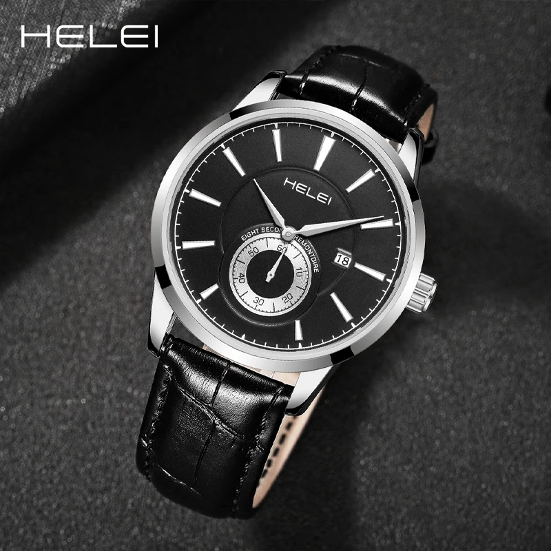 남성용 럭셔리 쿼츠 시계, 가죽 쿼츠 시계, 셀프 와인딩 캘린더 디스플레이 바 다이얼, 비즈니스 포인터 시계, HELEI2024