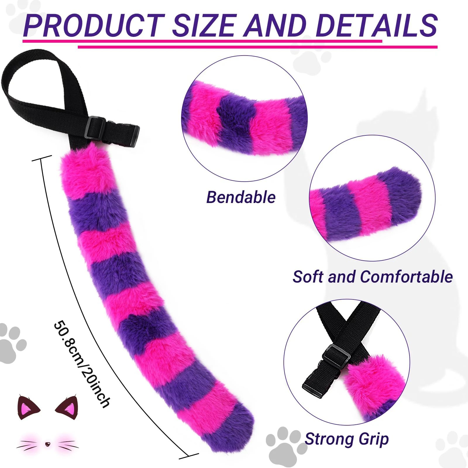 Pink and Purple Striped Cat Costume for Girls Women World Book Day Cosplay Accessories Include Cat Ears Furry Tail and PU Choker