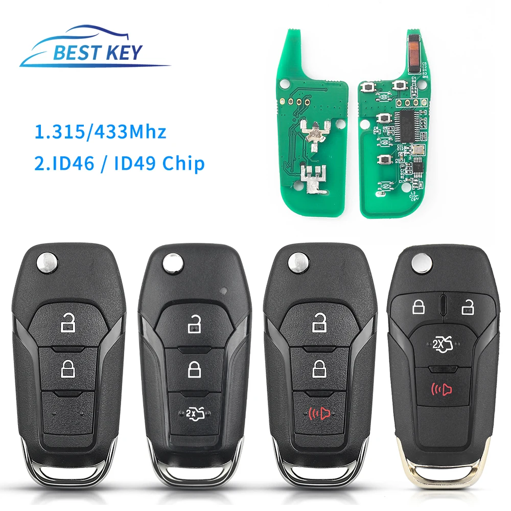 

BEST KEY Flip Remote Car Key 315/433MHzN5F-A08TAA / EB3T-15K601-BA / DS7T-15K601-B For Ford Ranger F150 2013 - 2018 ID49 Chip