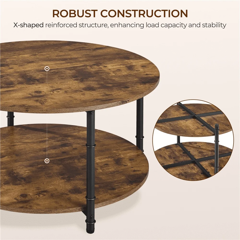 2 Layer Round Coffee Table Vintage Style Rustic Brown Wood Metal Frame Storage Living Room Easy Assembly