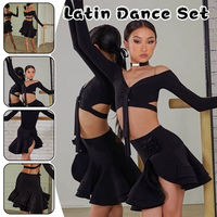 Girls Latin Dance Skirt Set - Off-Shoulder Long Sleeve Crop Top & Ruffled Skirt for Cha-Cha, Samba Performances & Competitions