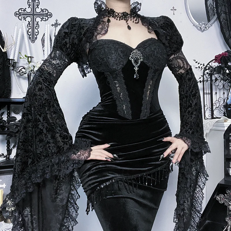 Goth Dark Asymmetrical Fringe Velvet Maxi Dress Women Outfits Mall Goth Ruched Sleeveless Dresses Bodycon Party Gown Halloween