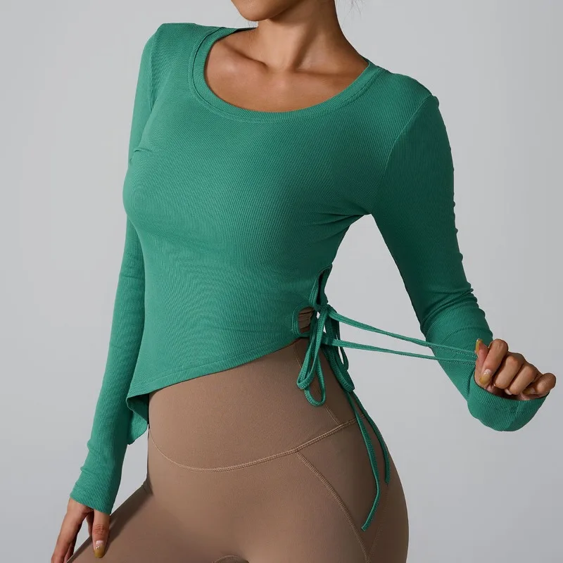 Women's Slim Yoga Side Long Sleeve Drawstring T-shirt Temperament Women Clothes Running Sports Round Neck Skinny Pullover Top