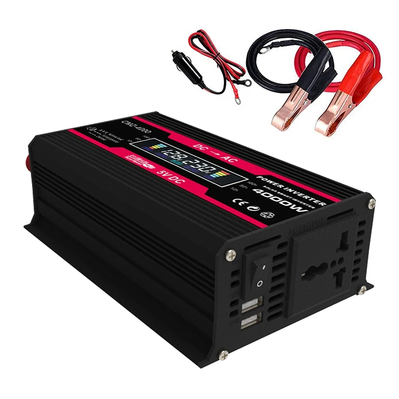 4000W Peak Solar Car Power Inverter DC 12V to AC 220V Car Adapter Converter with LCD Intelligent Display AC Outlets