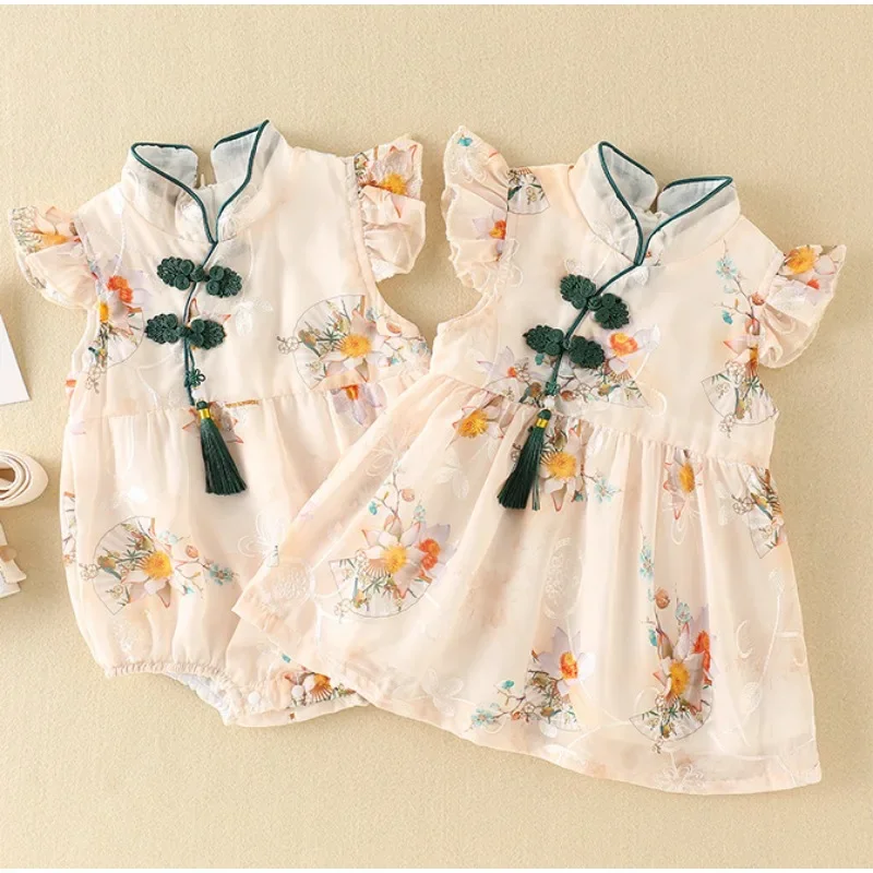 Hot Sale Baby Summer Dress Thin Chinese Style Qipao One Piece Wrap Fart Coat Newborn Baby Full Month 100 Day Old Skirt Dresses