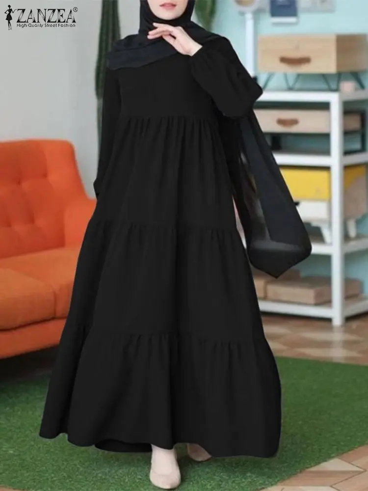 ZANZEA Muslim Hijab Tiered Long Dresses Women Casual Loose Long Puff Sleeve Abaya Robes 2024 Autumn Islamic O Neck Vestidos