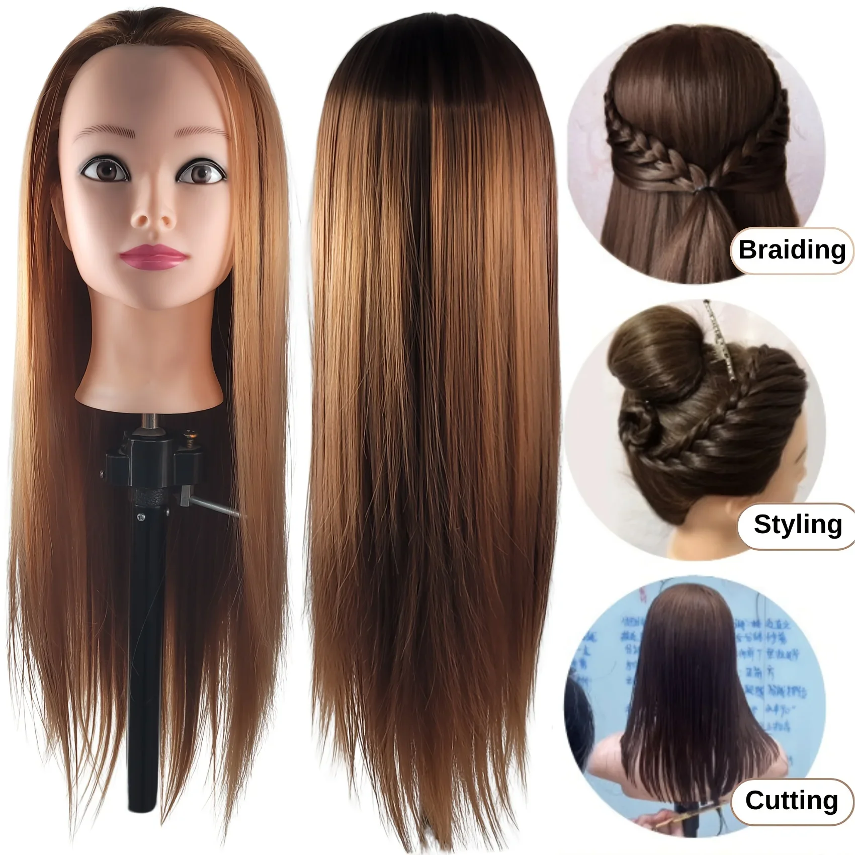 Mannequin Head with Hair for Hair Styling Cosmetology Doll Head For Braiding Hairdresser Training Head with Stand