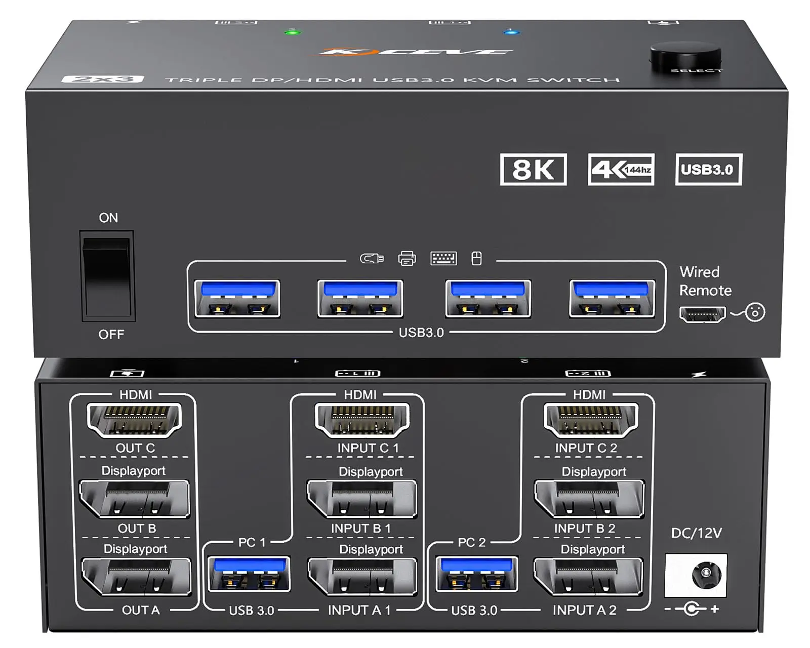 Conmutador KVM 3 Monitores 2 Computadoras 8K@60Hz 4K@144Hz, 2 Displayport + HDMI USB3.0 Conmutador KVM Triple Monitor con 4 puertos USB 3.0