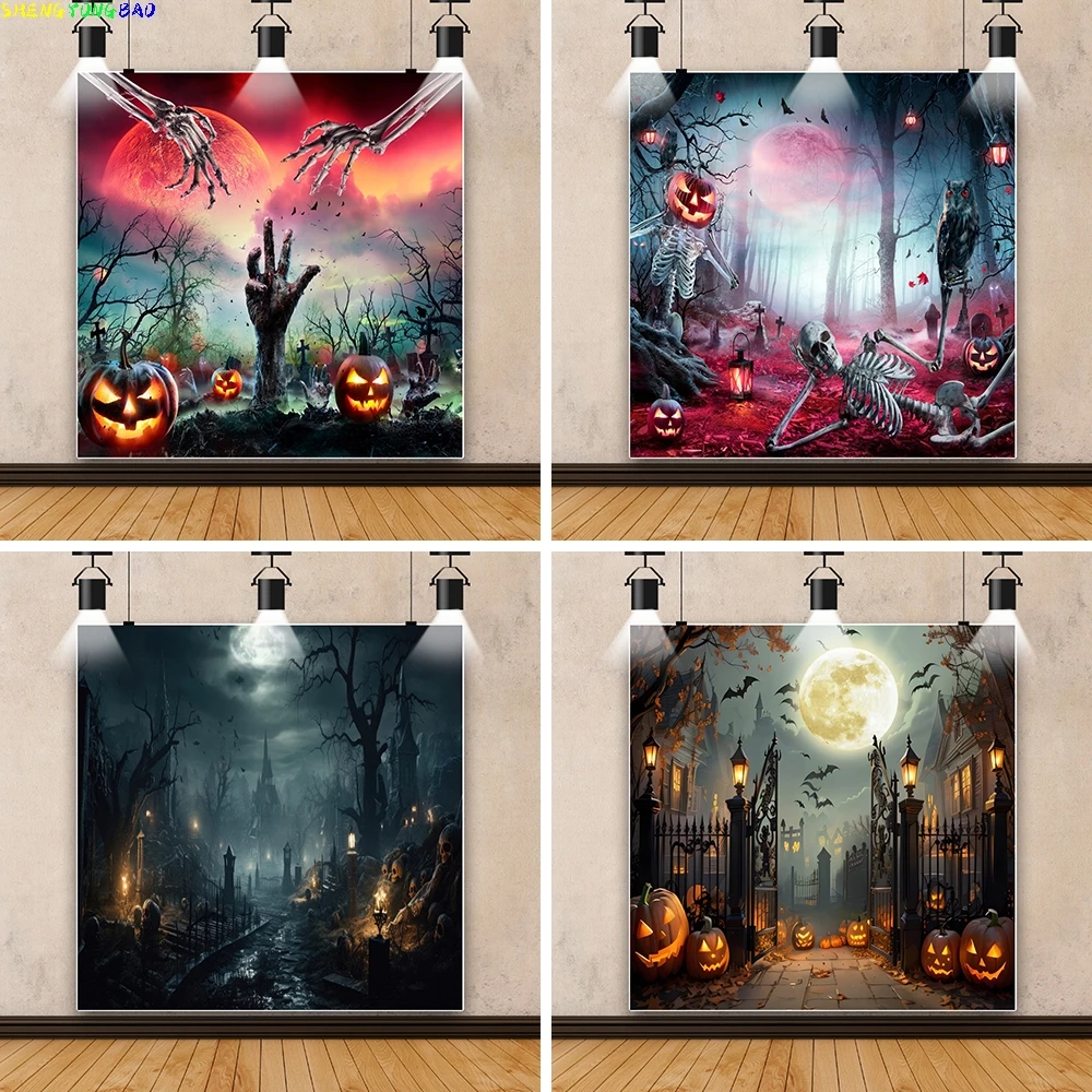 

Halloween Decoration 2024 Vinyl Background Zombie Moon Graveyard Pumpkin Lights Spooky Kids Happy Halloween Photography Backdrop