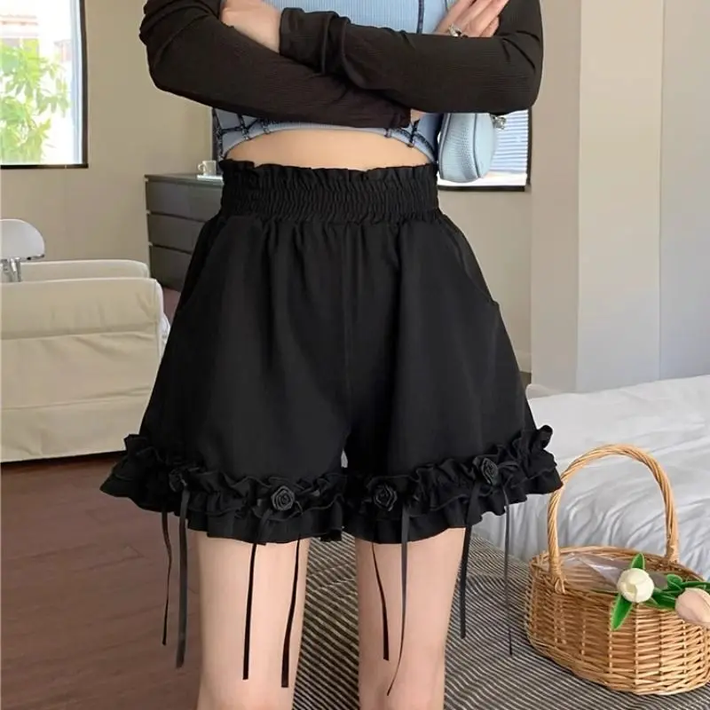 Pantalon court Baggy décontracté à volants noirs pour femmes, Y2k, Vintage, mode, Design classique, tenues d'été larges, taille élastique pour femmes