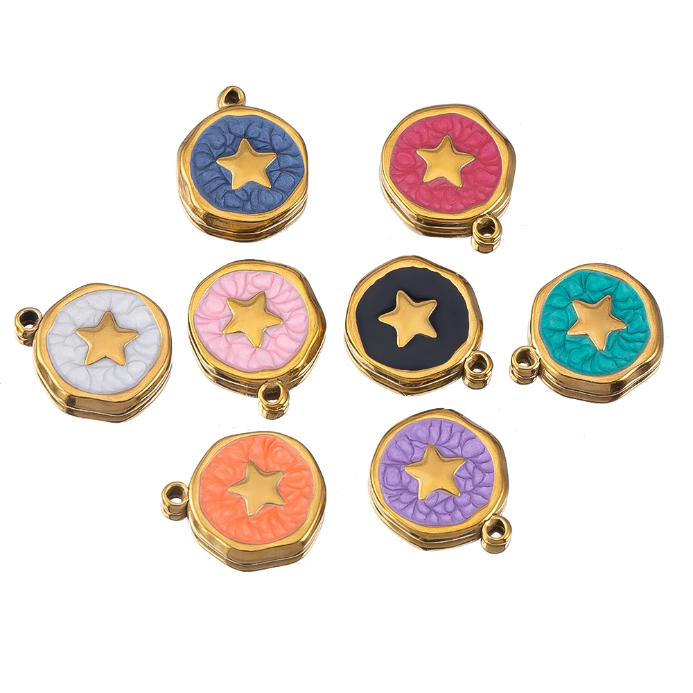 8 stuks goudkleurig roestvrij staal emaille hart oog zon ster ronde charme hangers DIY oorbellen ketting sieraden maken benodigdheden
