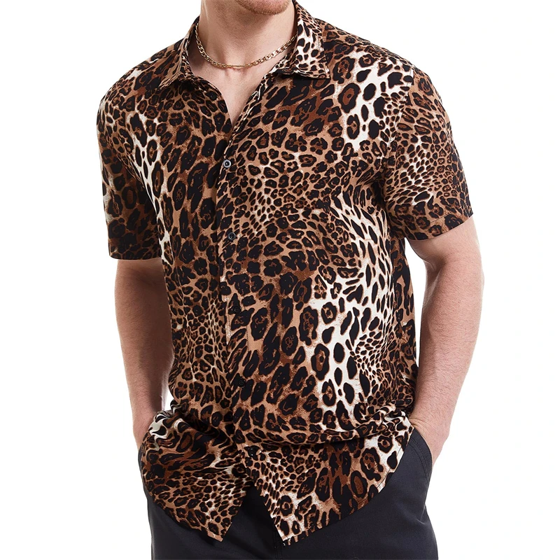 Men\'s Leopard 3D Printed Shirts For Men Short Sleeve Button Down Casual Shirt Ropa Hombre New Mens Blouses Clothing Quality Tops