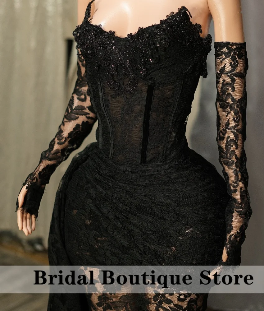 Sexy Black Long Prom Dress For Black Girls 2024 Sweetheart Bead Diamonds With Gloves Lace Party Dress