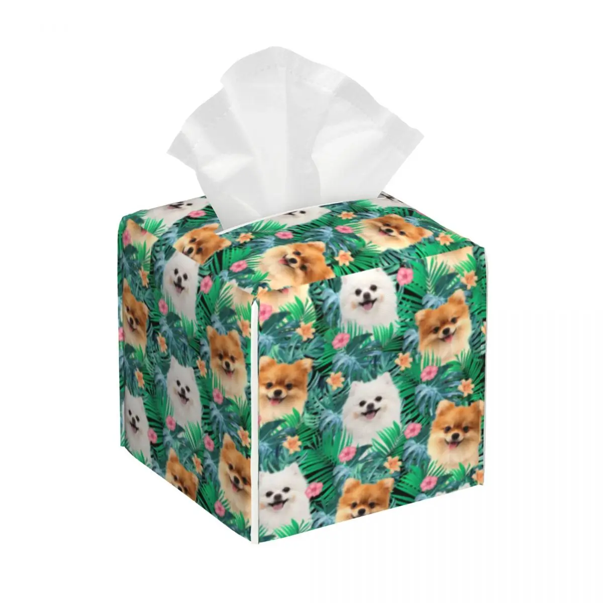 Custom Pomeranian Dog With Summer Leaf Tissue Box Holder Square Pet Spitz PU Leather Facial Tissue Box Cover for Car Office