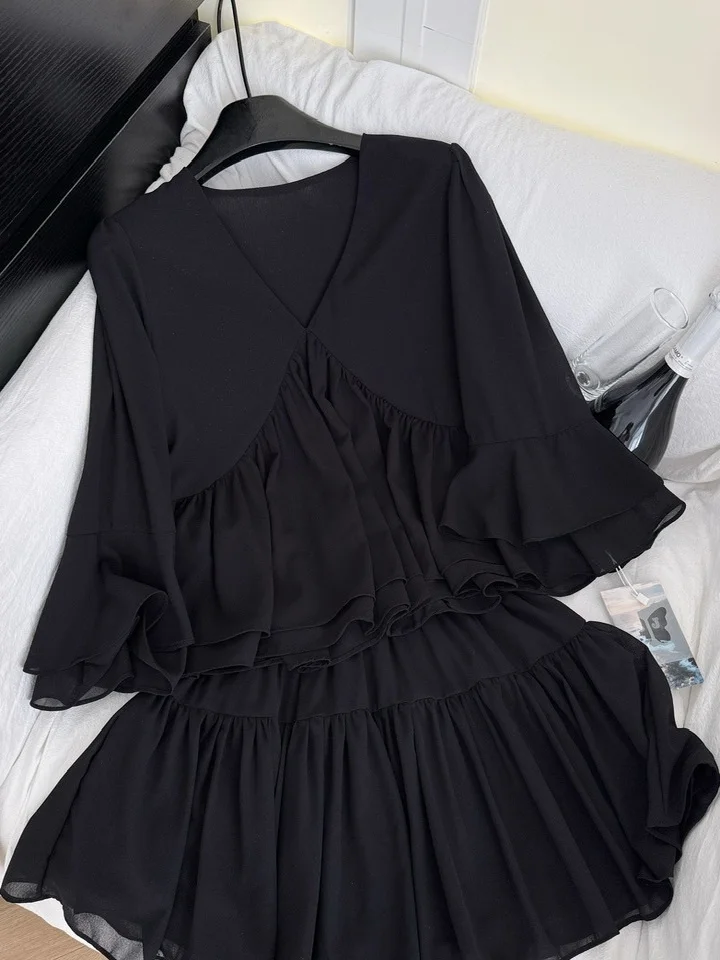 

Ele Two-Piece Set Women's Early Autumn Gentle Sle V-Ne Flared Sve Chiffon Top High Waist Skirt Faion Ensemble