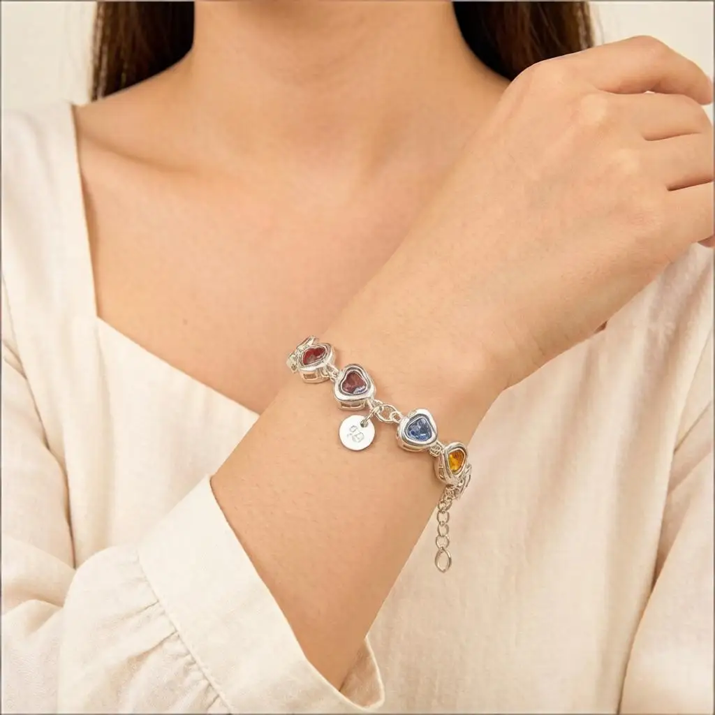 Cute Sweet 925 Sterling Silver Love Heart Colorful Crystal Zircon Resizable Bracelets for Women Girls Wedding Party Jewelry Gift