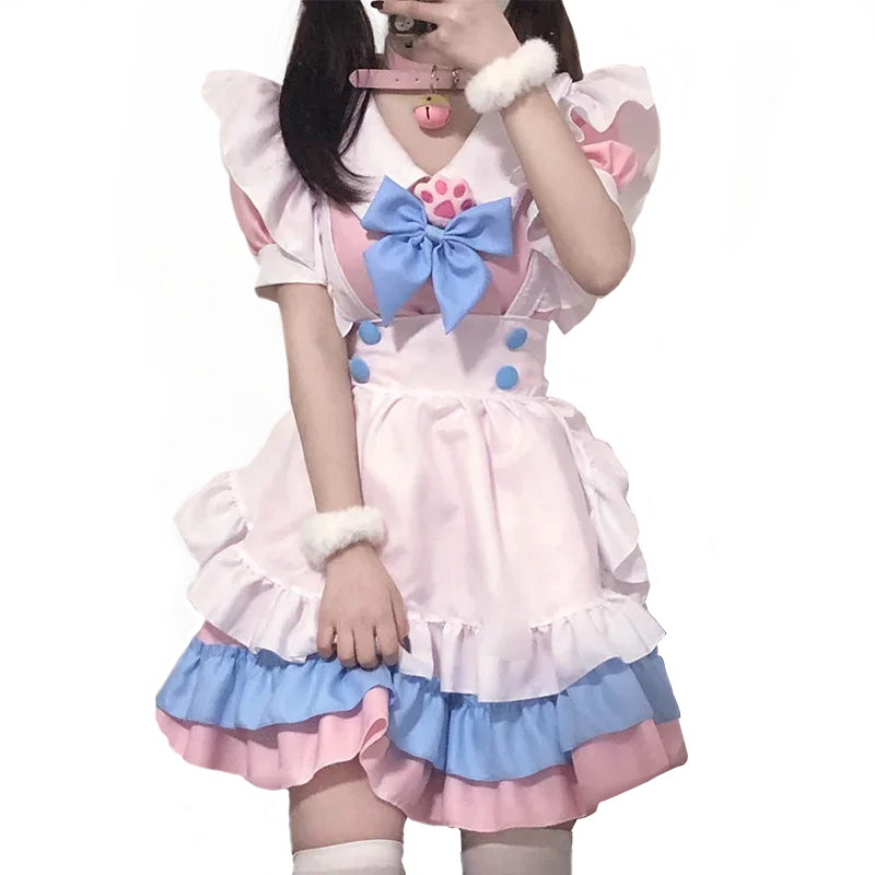 Anime Maid Lolita Cosplay Costume Pink Dress Cat Claw Maid Bow Includes Bell Collar And White Stockings