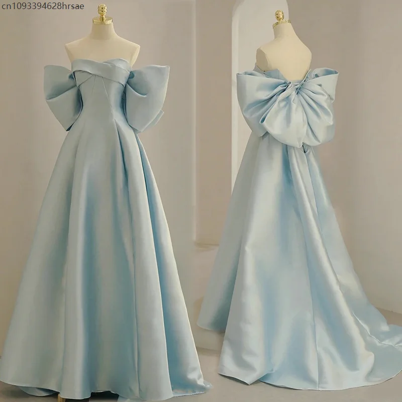 

Синее длинное вечернее женское платье принцессы, сексуальное, без бретелек, с бантом, для торжественных мероприятий, выпускных вечеров, сценических выступлений, косплея