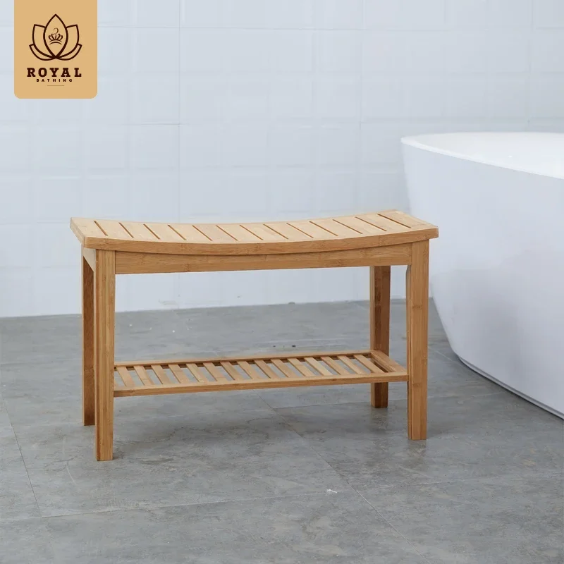 Double-Layer Wooden Bathroom Stool Shoe Changing Bench with Shelf Solid Wood Multifunctional Bathroom Furniture