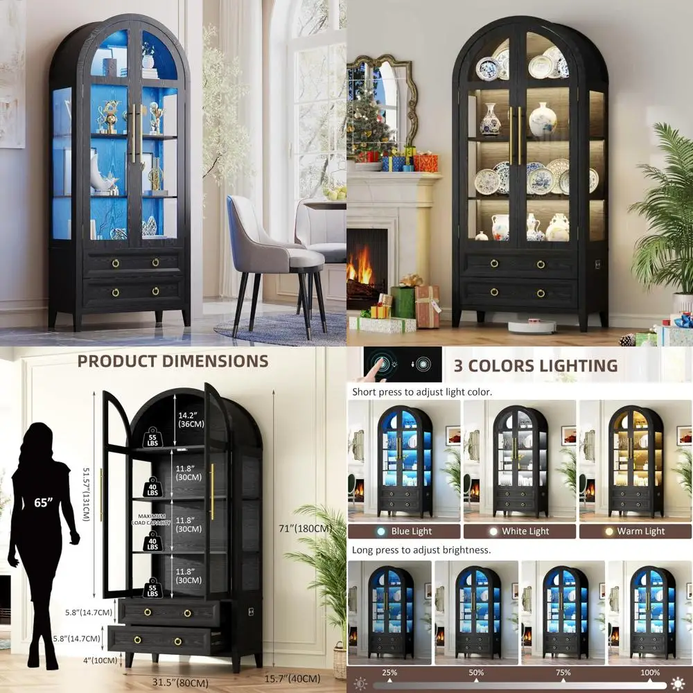 

71-дюймовая витрина с арочными стеклянными дверцами, 4-уровневая Curio с многоцветным освещением для коллекционных витрин